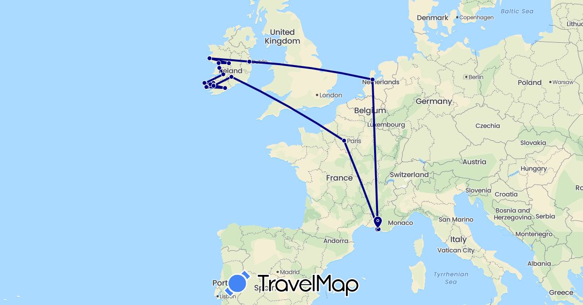 TravelMap itinerary: driving in France, Ireland, Netherlands (Europe)